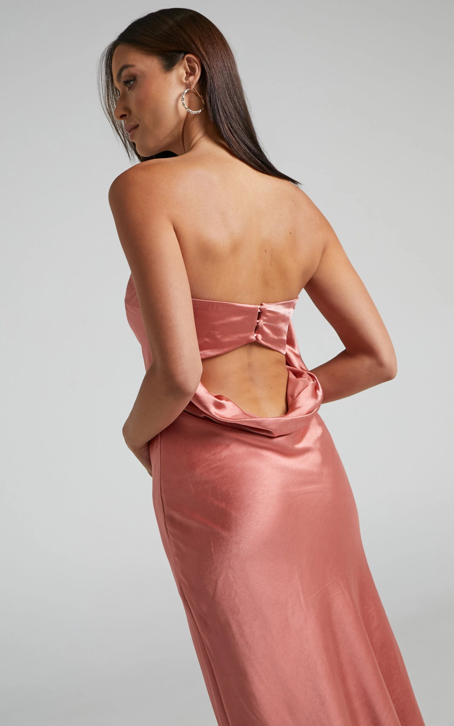 Showpo Charlita Strapless Cowl Back Satin Maxi Dress In Peach - Image 5