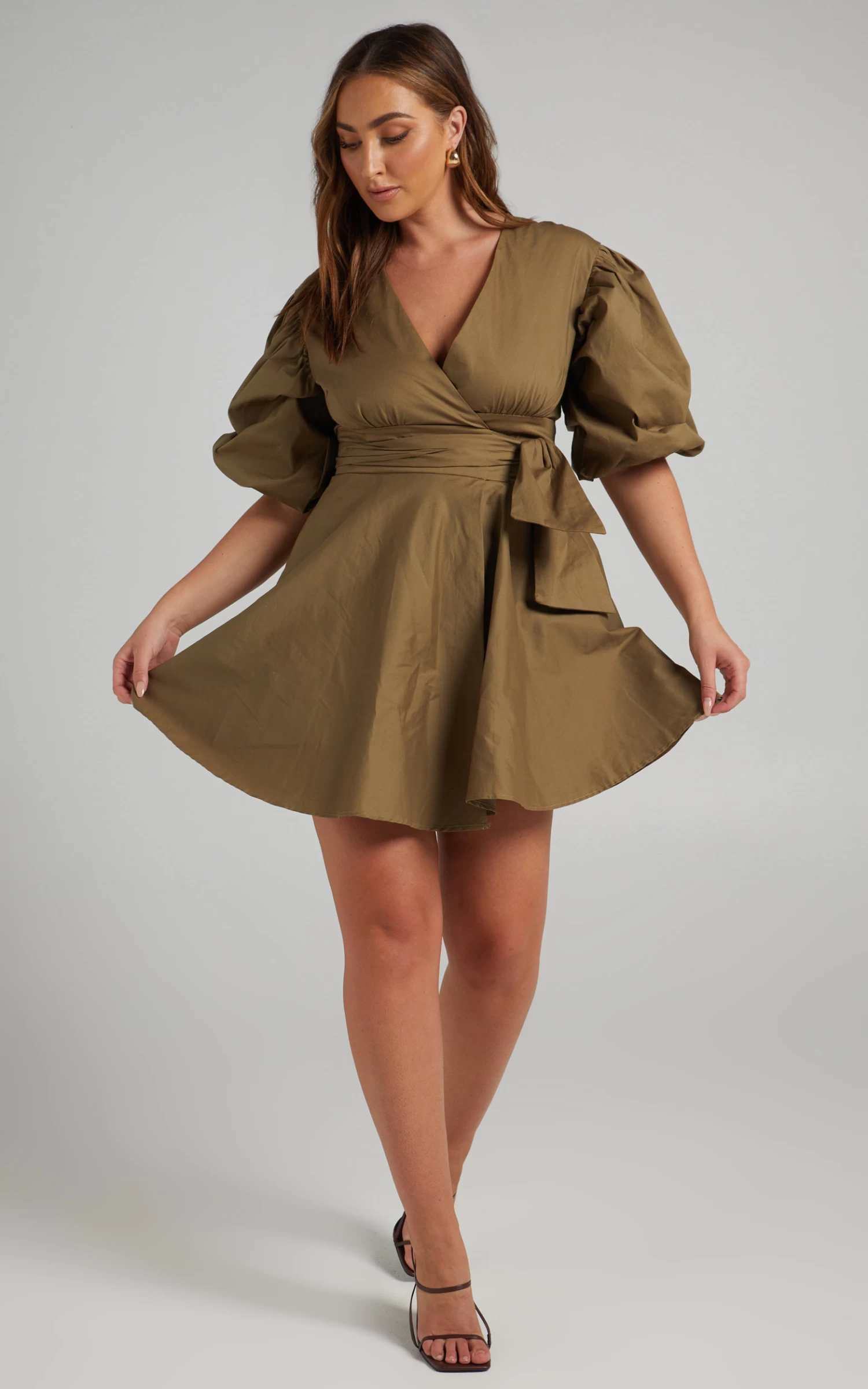 Showpo Zyla Puff Sleeve Wrap Mini Dress In Olive - Image 7
