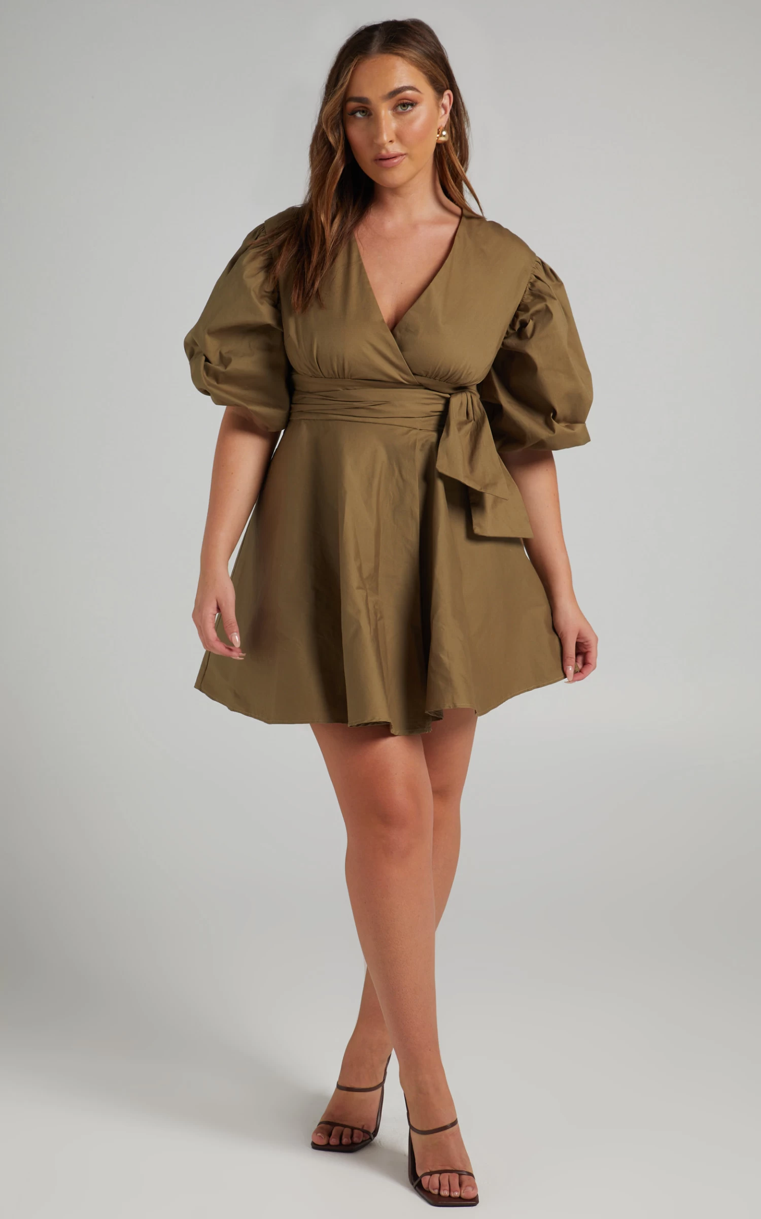 Showpo Zyla Puff Sleeve Wrap Mini Dress In Olive - Image 4