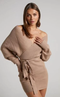 Showpo Dont Fall Down Knit Dress In Camel