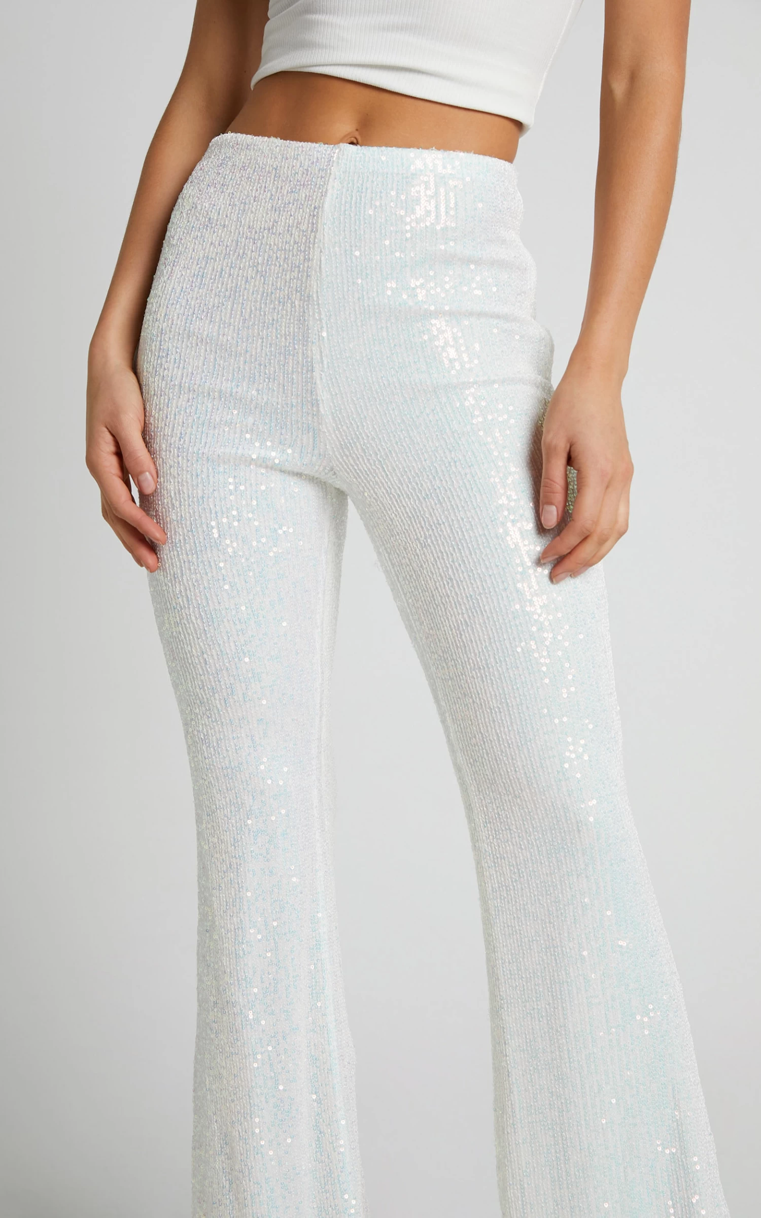 Showpo Deliza Mid Waisted Sequin Flare Pants In Iridescent White - Image 6