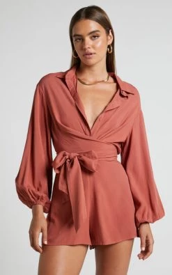 Showpo Devina Long Sleeve Tie Waist Playsuit In Clay