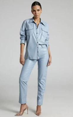 Showpo Dilyenne Mid Waist Straight Leg Faux Leather Pants In Blue