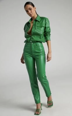 Showpo Dilyenne Mid Waist Straight Leg Faux Leather Pants In Green