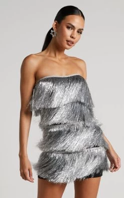 Showpo Dina Mini Dress - Strapless Fringe Tier Dress In Silver