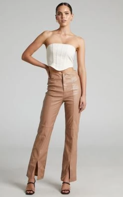 Showpo Evanthe High Waisted Split Front Faux Leather Trousers In Beige