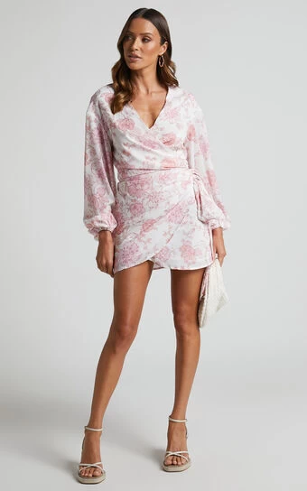 Showpo Ebielle Wrap Front Long Sleeve Mini Dress In Pastel Spring Floral