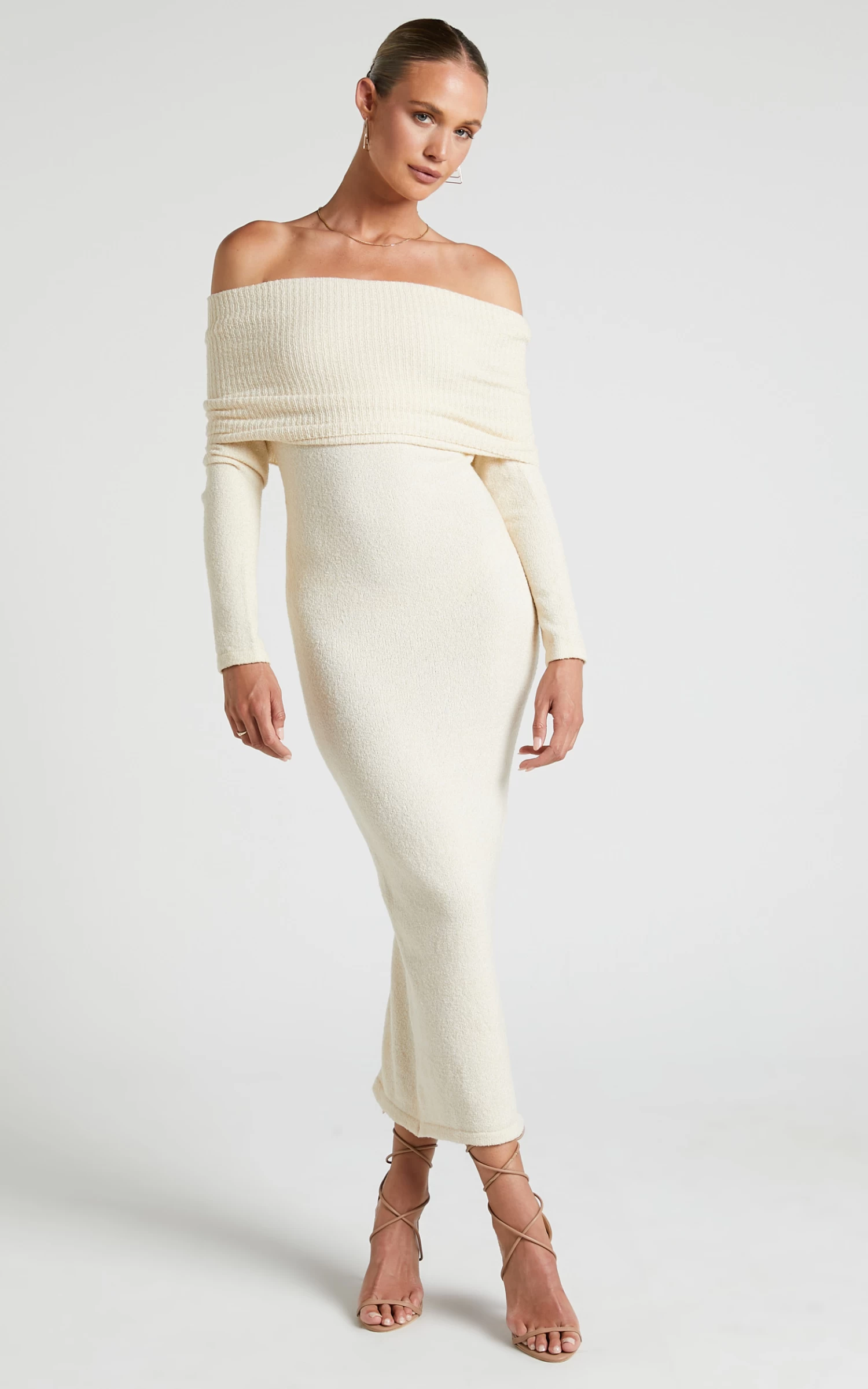 Showpo Ehmie Midi Dress - Knit Folded Off Shoulder Long Sleeve Dress In Natural - Image 3