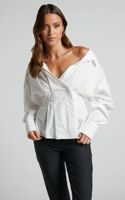 Showpo Elenina Shirt - Long Sleeve Pleat Waist Shirt In White