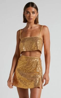 Showpo Elswyth Strappy Sequin Crop Cami In Gold