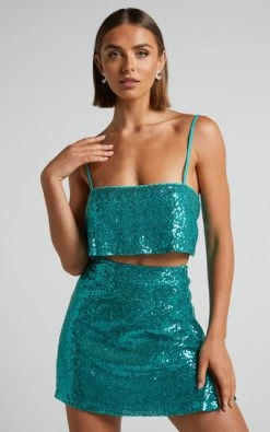 Showpo Elswyth Side Split Sequin Mini Skirt In Teal