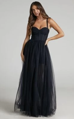 Showpo Emmary Bustier Bodice Tulle Gown In Black