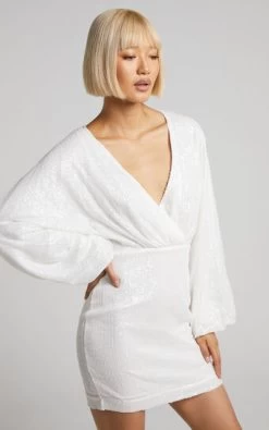 Showpo Erine Long Sleeve Sequin Dress In White