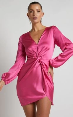 Showpo Everest Twist Front Relaxed Sleeve Mini Dress In Hot Pink