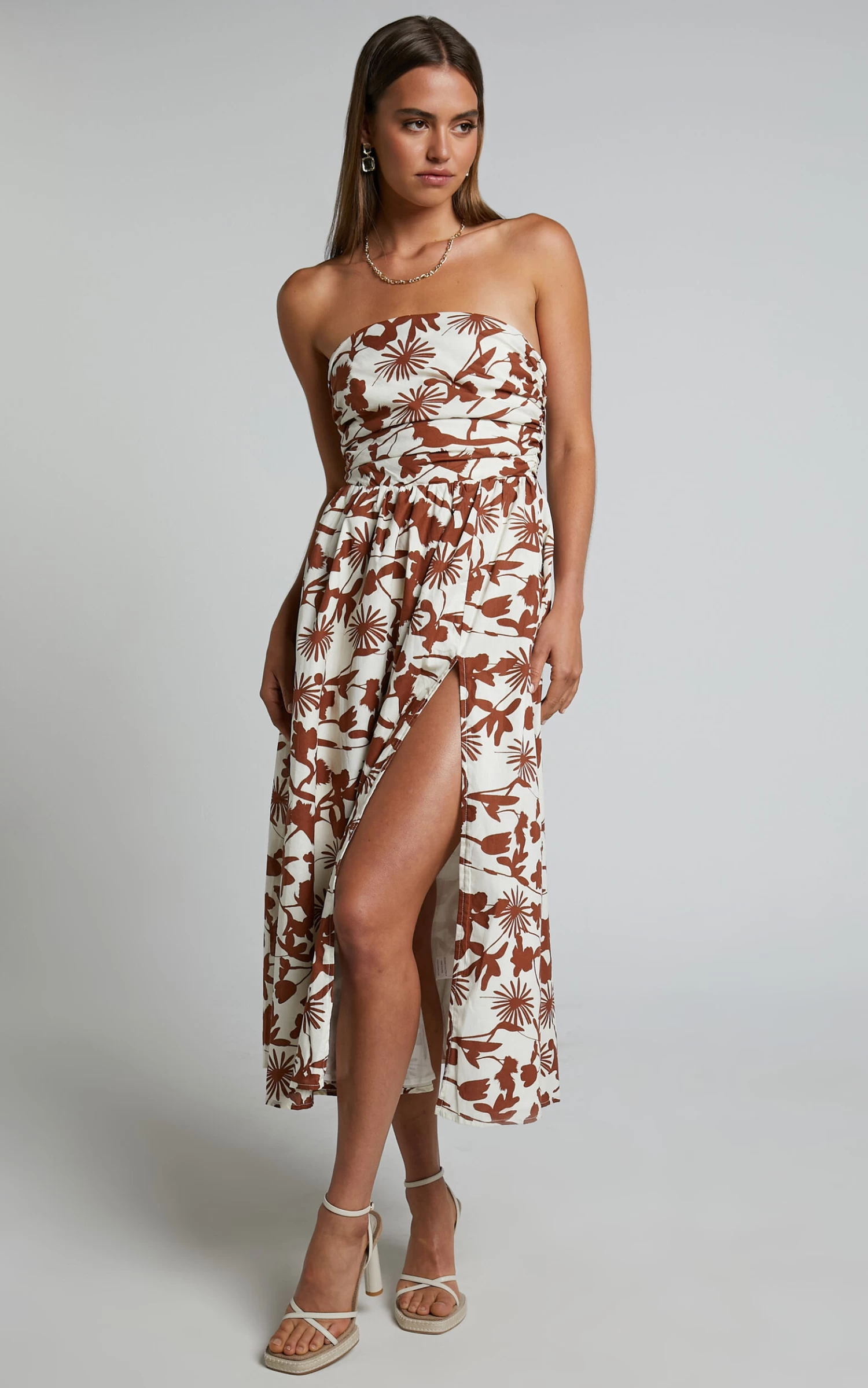 Showpo Evita Midi Dress - Ruched High Split Strapless Dress In Multi - Image 4