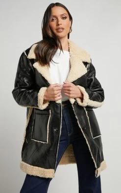 Showpo Ezra Shearling Aviator Jacket In Black