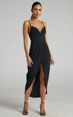 Showpo Fenella Sweetheart Drape Front Midi Dress In Black