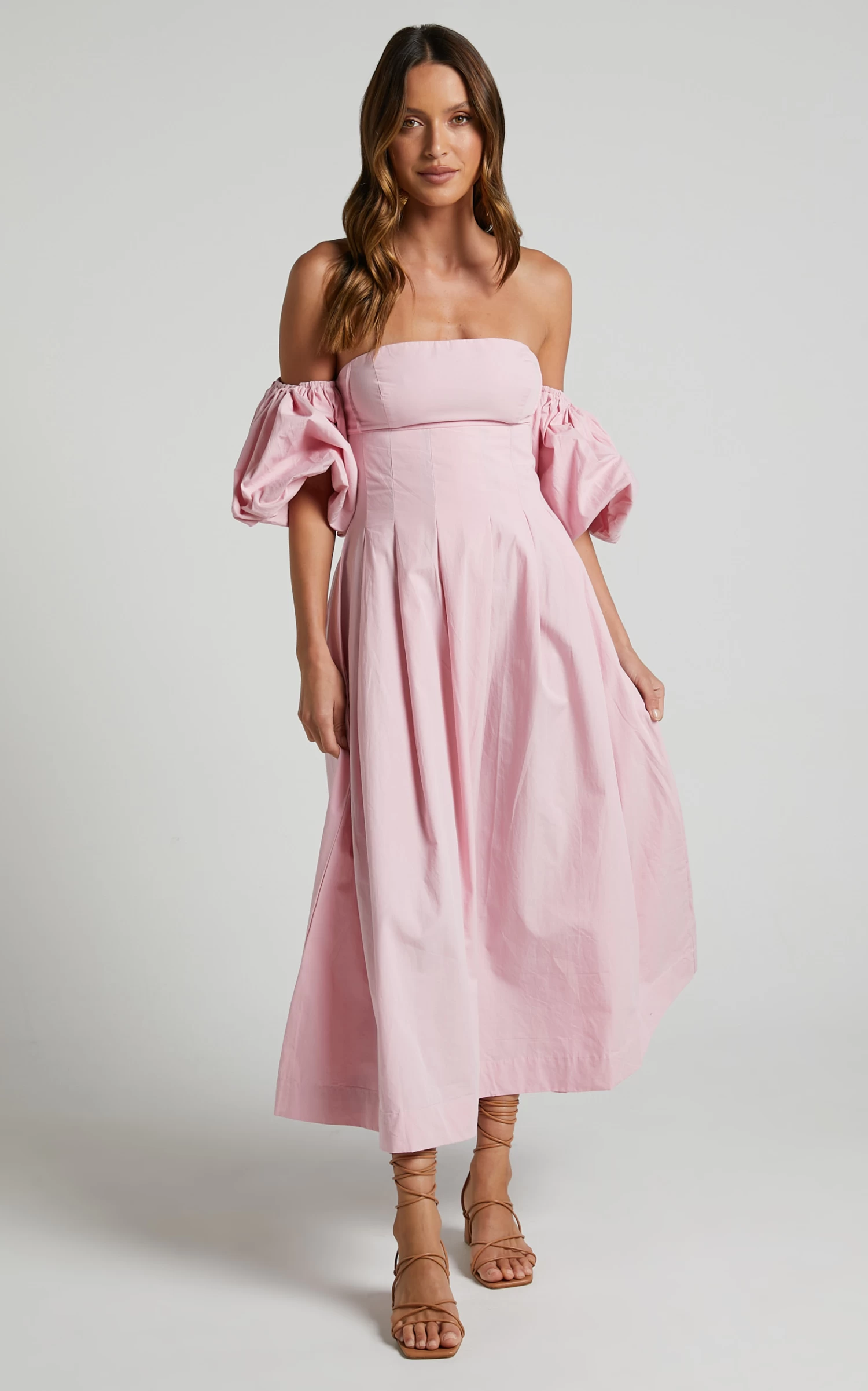 Showpo Geloe Structured Off Shoulder Puff Midi Dress In Pink - Image 4