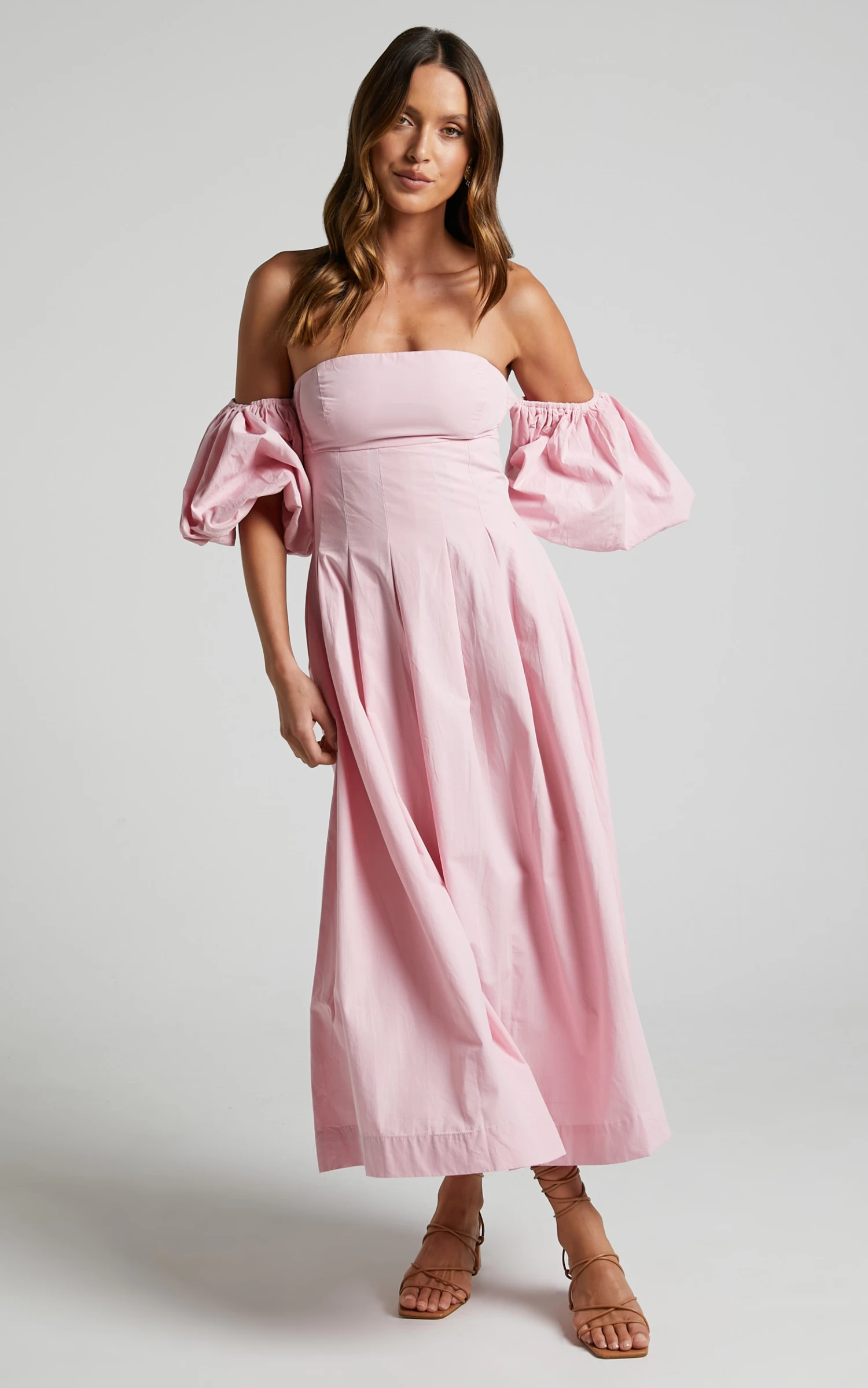 Showpo Geloe Structured Off Shoulder Puff Midi Dress In Pink - Image 6