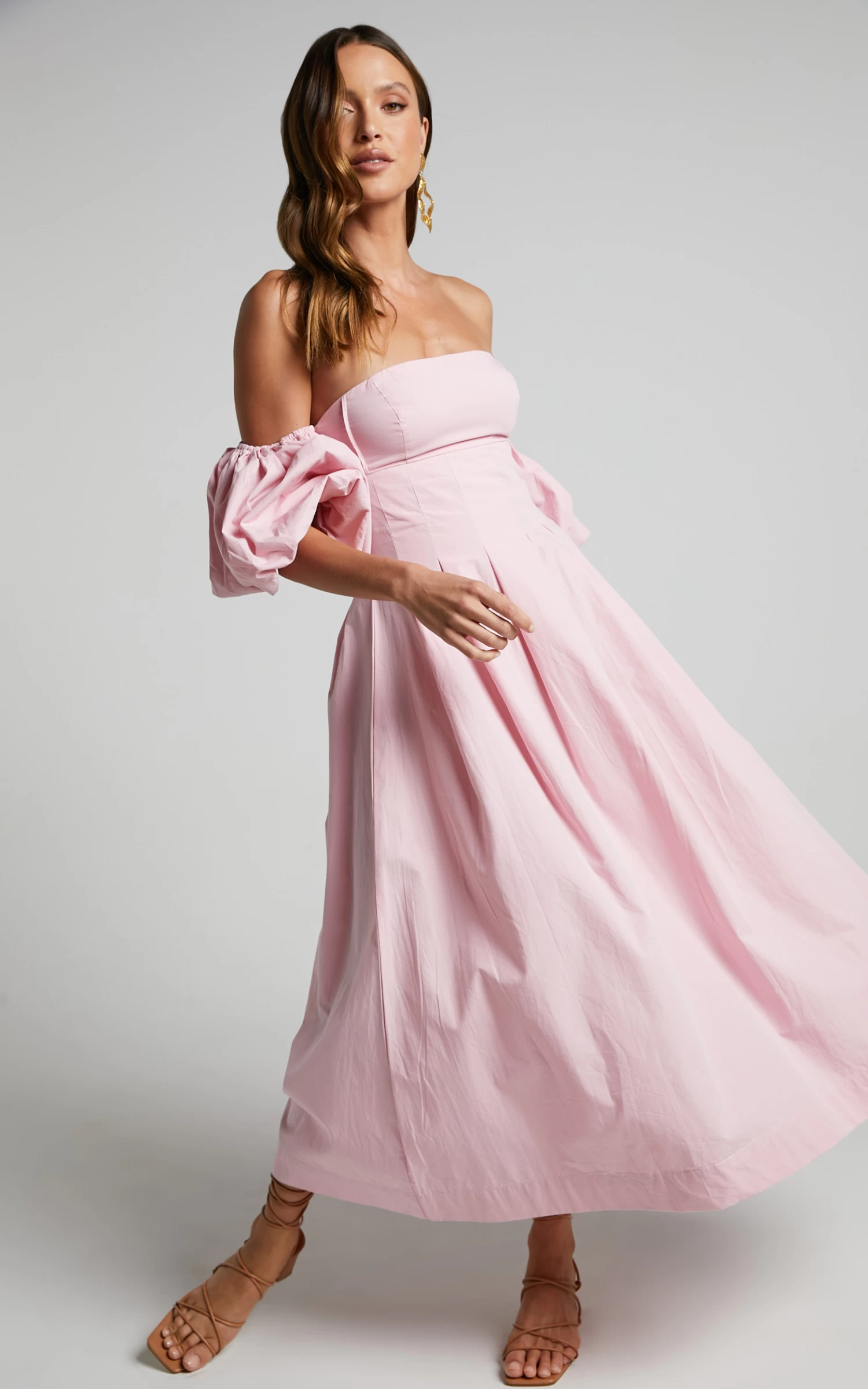 Showpo Geloe Structured Off Shoulder Puff Midi Dress In Pink - Image 3