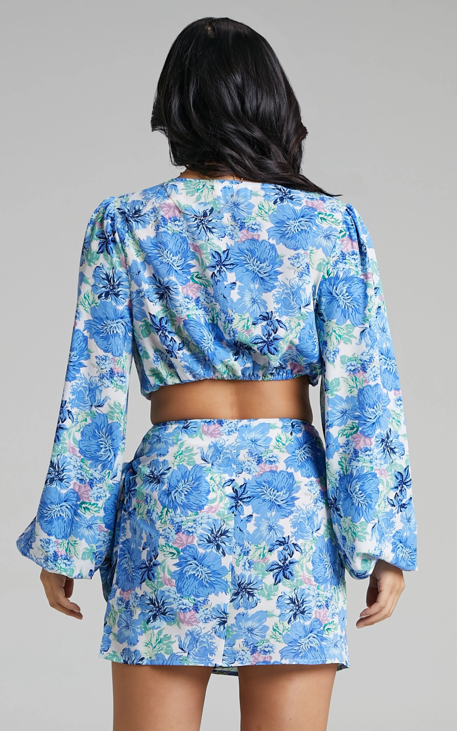 Showpo Geneve Wrap Side Tie Printed Mini Skirt In Geneve Blue Floral - Image 8