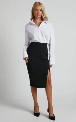 Showpo Ginna Front Slit Midi Pencil Skirt In Black