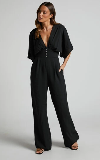 Showpo Hanlou Flutter Sleeve V-neck Button Front Wide Leg Jumpsuit In Black