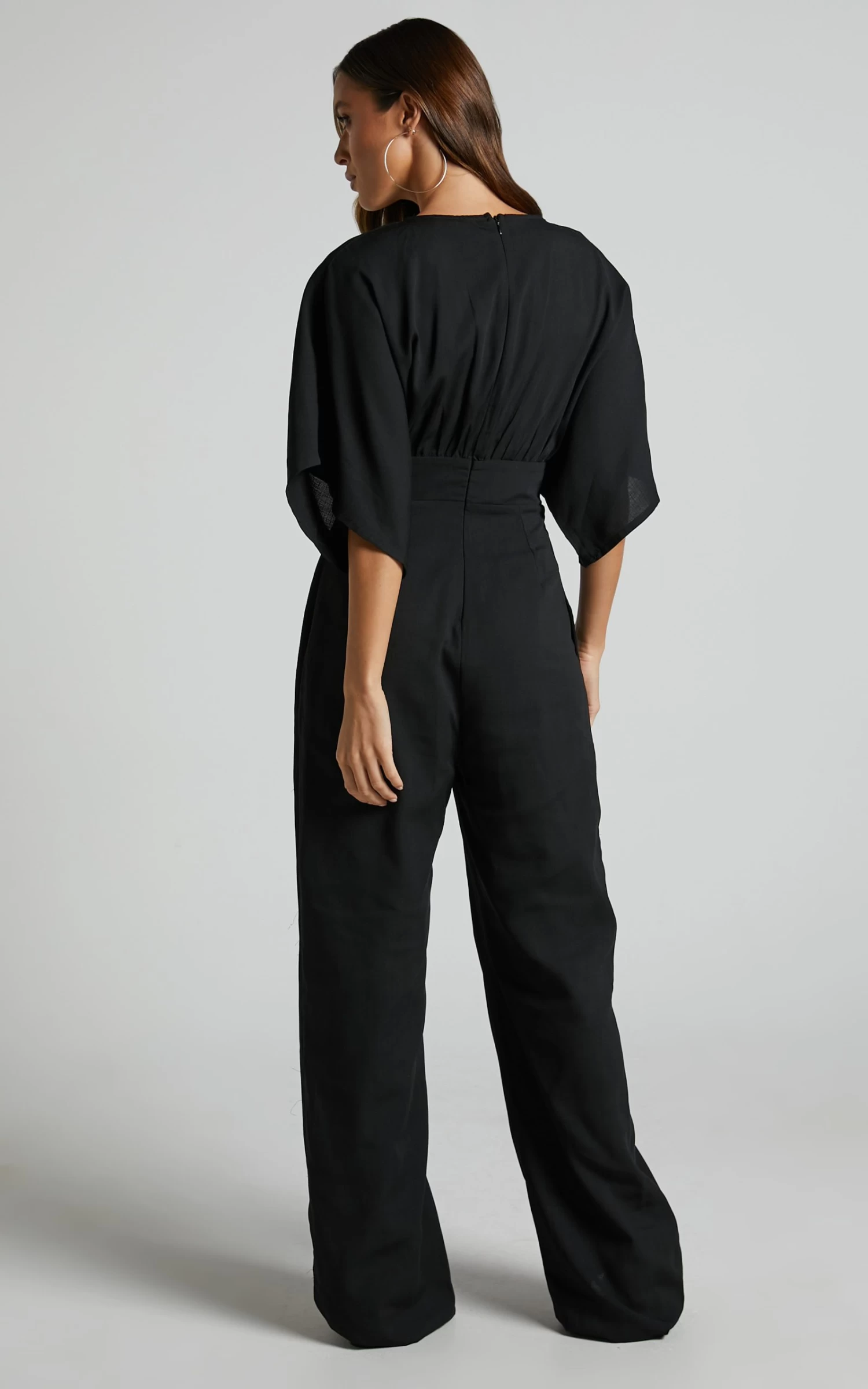 Showpo Hanlou Flutter Sleeve V-neck Button Front Wide Leg Jumpsuit In Black - Image 6