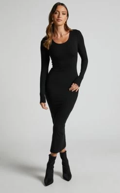 Showpo Hawkins Long Sleeve Bodycon Midi Dress In Black
