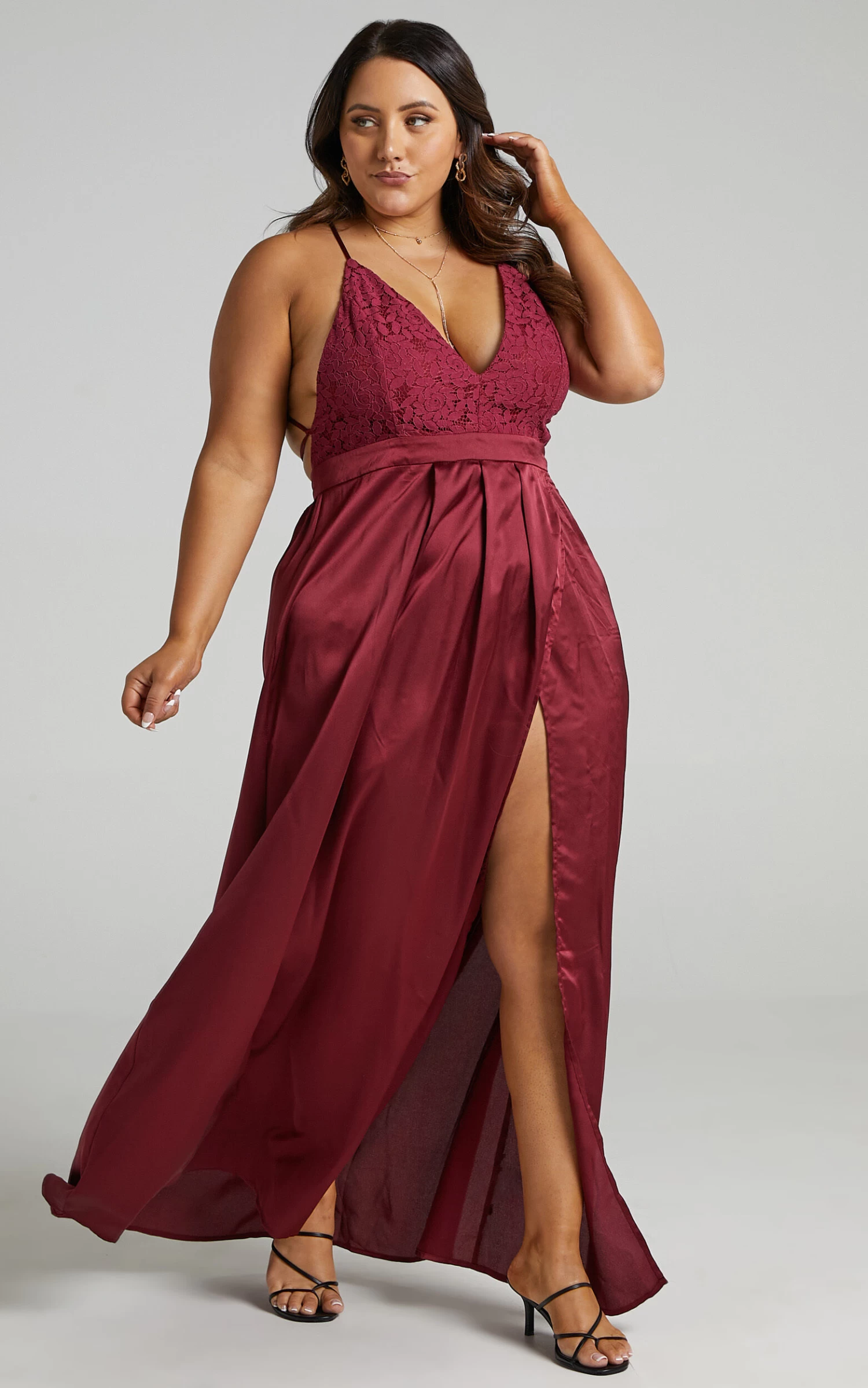 Showpo Inspired Tribe Plunge Neckline Thigh Split Maxi Dress In Wine - Image 5