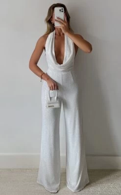 Showpo Julien Backless Wide Leg Cowl Neck Sequin Jumpsuit In White