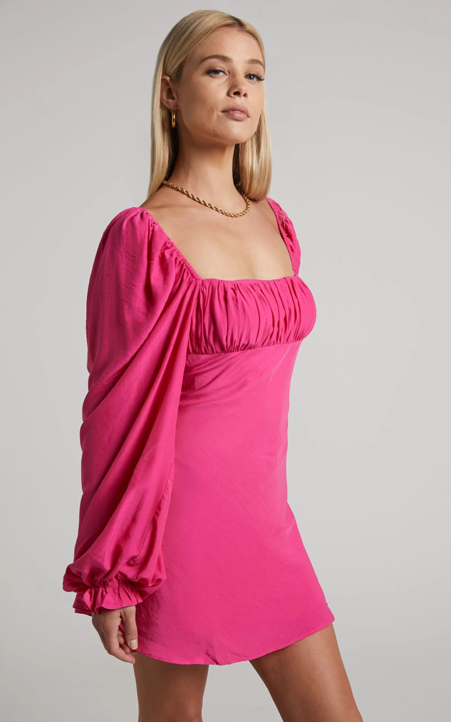 Showpo Jadiah Ruched Bust Long Sleeve Mini Dress In Hot Pink - Image 4