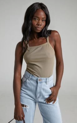 Showpo Jasper Ribbed Racerback Halter Top In Latte