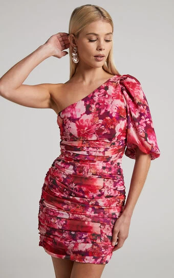 Showpo Jilliane Mini Dress - One Shoulder Sleeve Dress In Fuchsia Frenzy