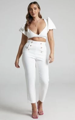 Showpo Kaituo Puff Sleeve Crop Top And Button Detail Trousers Two Piece Set In Off White
