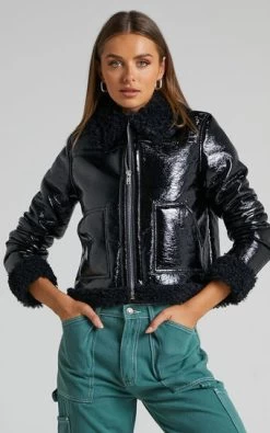 Showpo Kobe Patent Faux Leather Shearling Jacket In Black