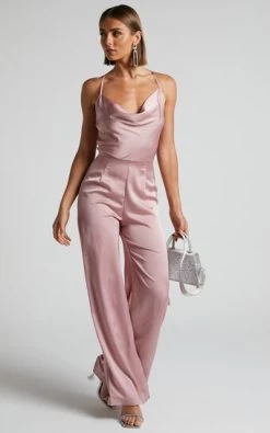 Showpo Kylene Cowl Neck Palazzo Satin Jumpsuit In Pale Pink