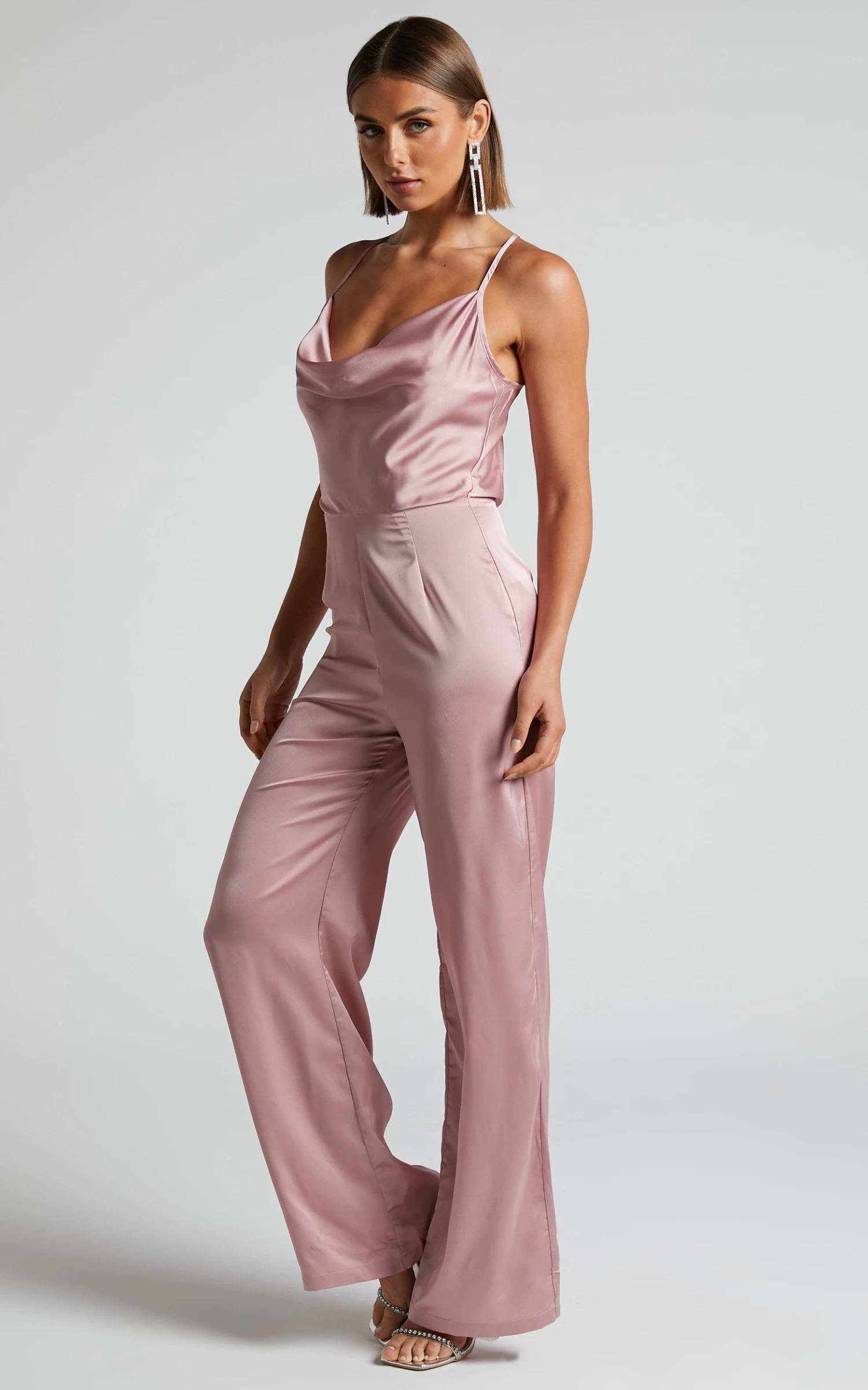 Showpo Kylene Cowl Neck Palazzo Satin Jumpsuit In Pale Pink - Image 4