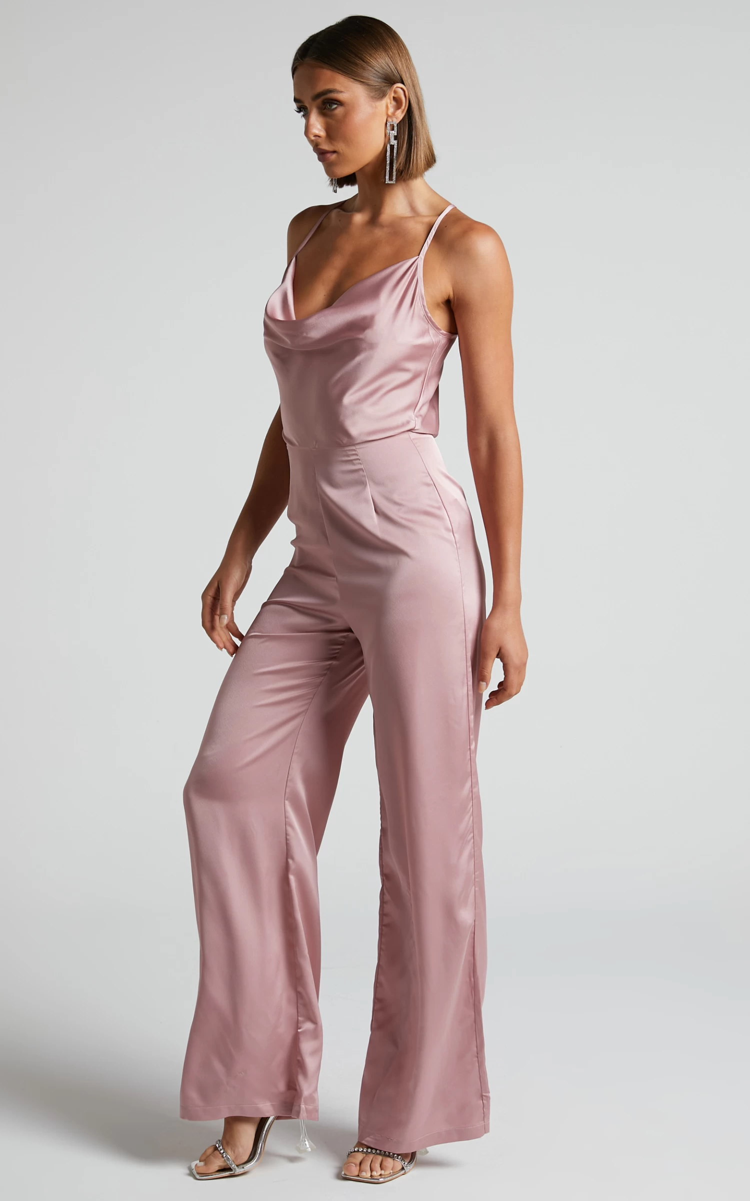 Showpo Kylene Cowl Neck Palazzo Satin Jumpsuit In Pale Pink - Image 7