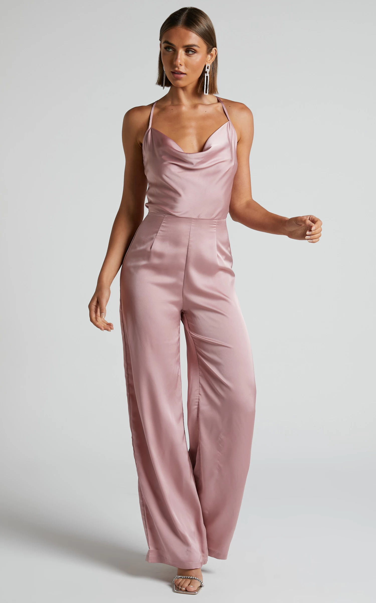 Showpo Kylene Cowl Neck Palazzo Satin Jumpsuit In Pale Pink - Image 6
