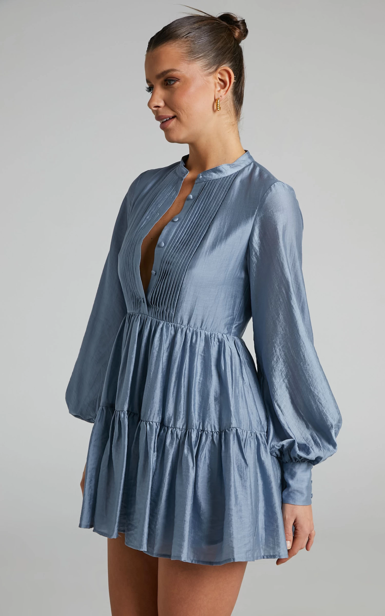 Showpo Kyra Pin Tuck Detail Tiered Shift Dress In Blue - Image 4