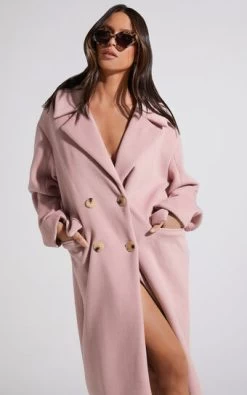 Showpo Libee Double Breasted Longline Coat In Dusty Pink
