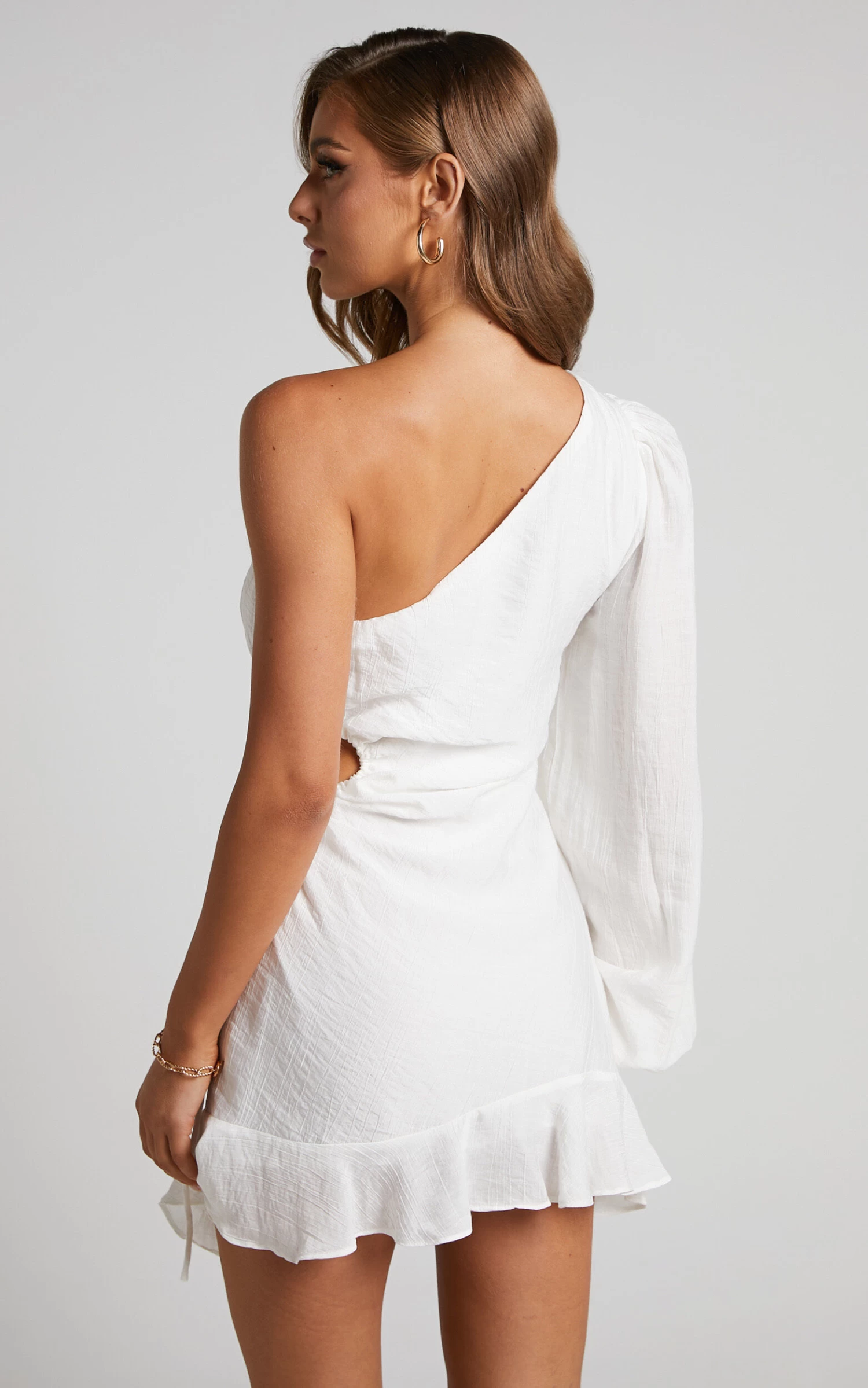 Showpo Lancey Mini Dress - Ruched Side Cut Out Long Sleeve One Shoulder Dress In White - Image 6