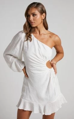 Showpo Lancey Mini Dress - Ruched Side Cut Out Long Sleeve One Shoulder Dress In White