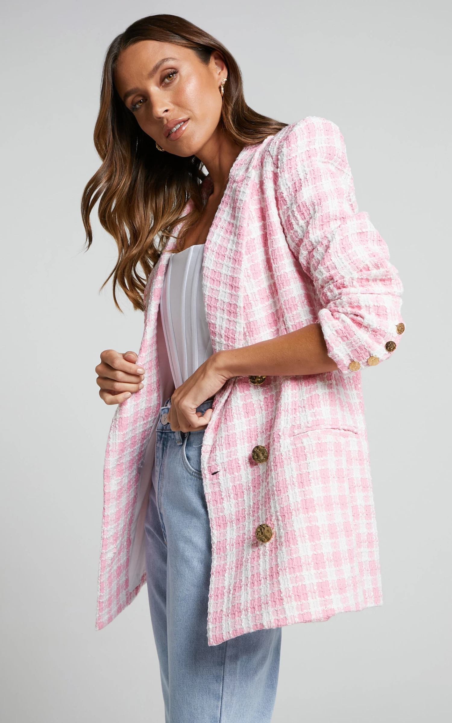 Showpo Larence Blazer - Longline Double Breasted Blazer In Pink Check - Image 6