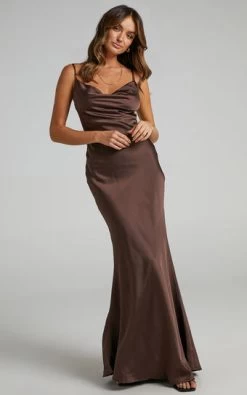Showpo Lunaria Cowl Mermaid Maxi Slip Dress In Chocolate Satin