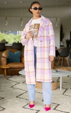 Showpo Mariam Double Breasted Coat In Purple Check