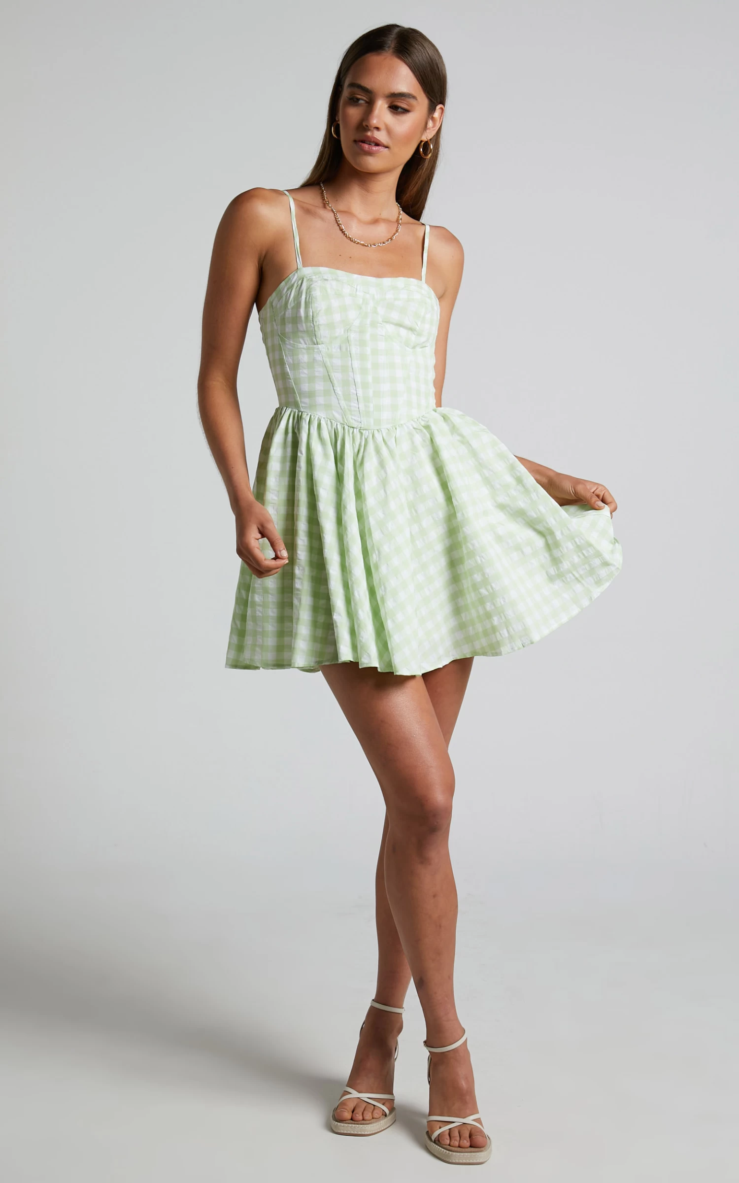 Showpo Madelyn Mini Dress - Fit And Flare Corset Dress In Mint Green Gingham - Image 3