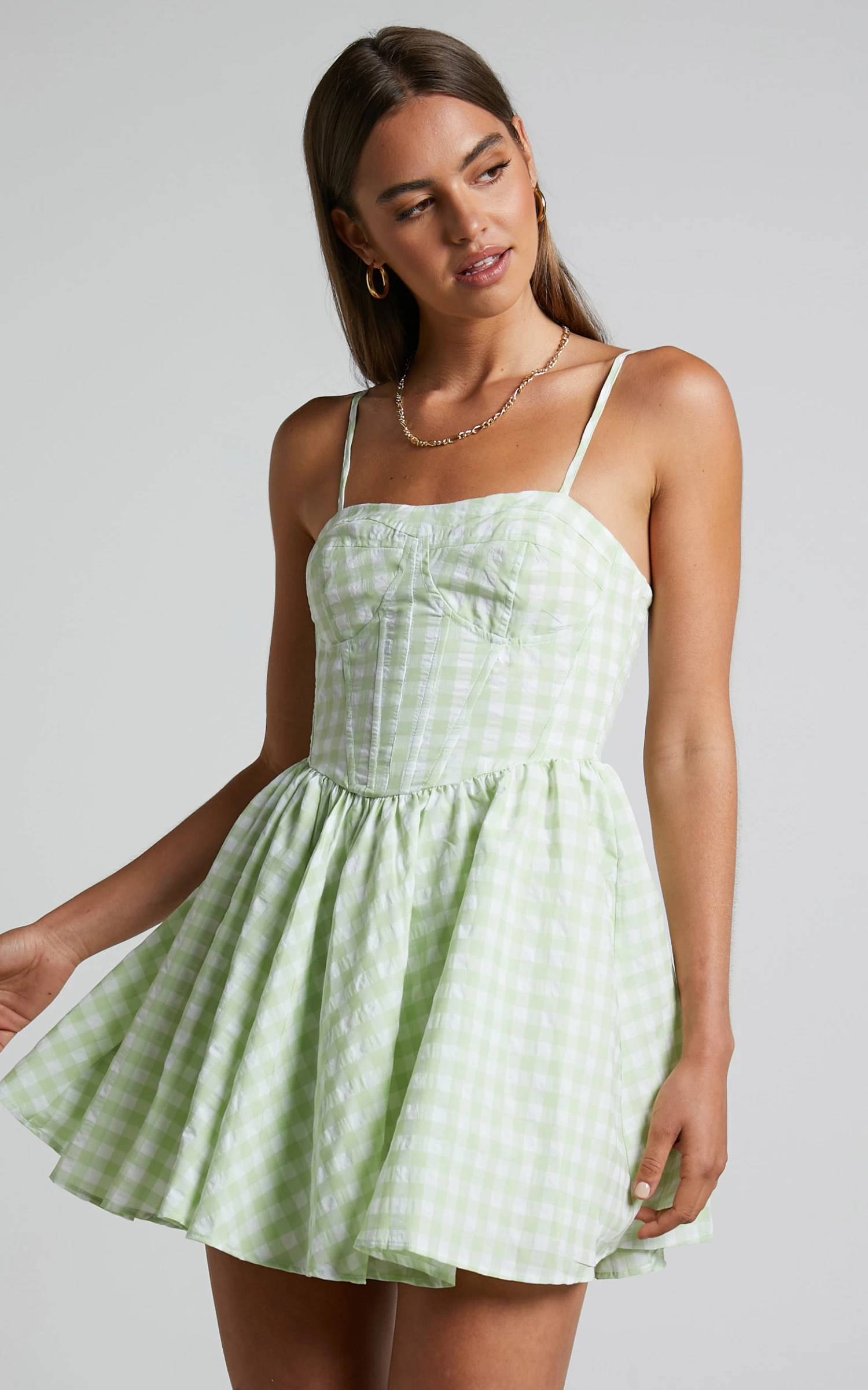 Showpo Madelyn Mini Dress - Fit And Flare Corset Dress In Mint Green Gingham - Image 2
