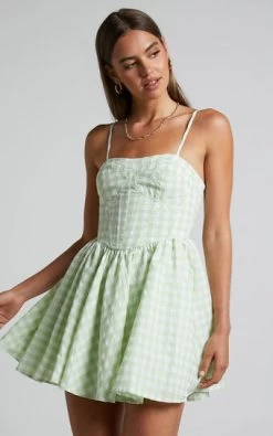 Showpo Madelyn Mini Dress - Fit And Flare Corset Dress In Mint Green Gingham
